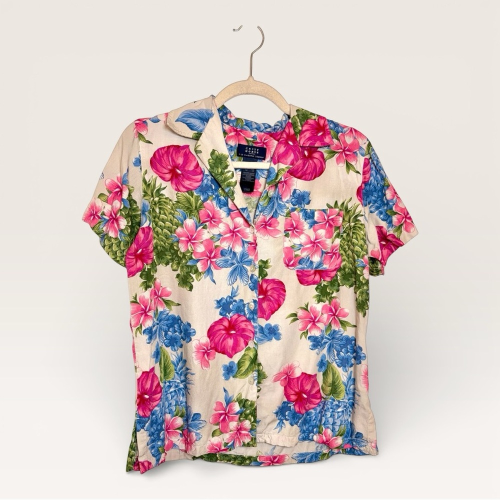 Liz Claiborne Crazy Horse Pink Blue Hawaiian Tropical Button Down Shirt Small